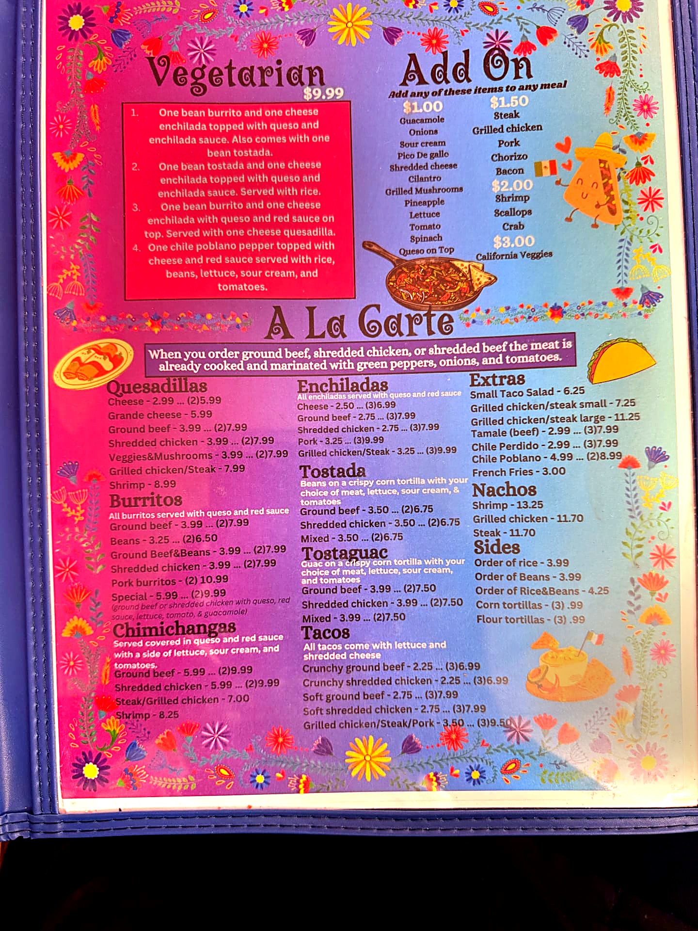 Vegetarian combinations, add-ons and a la carte menu page