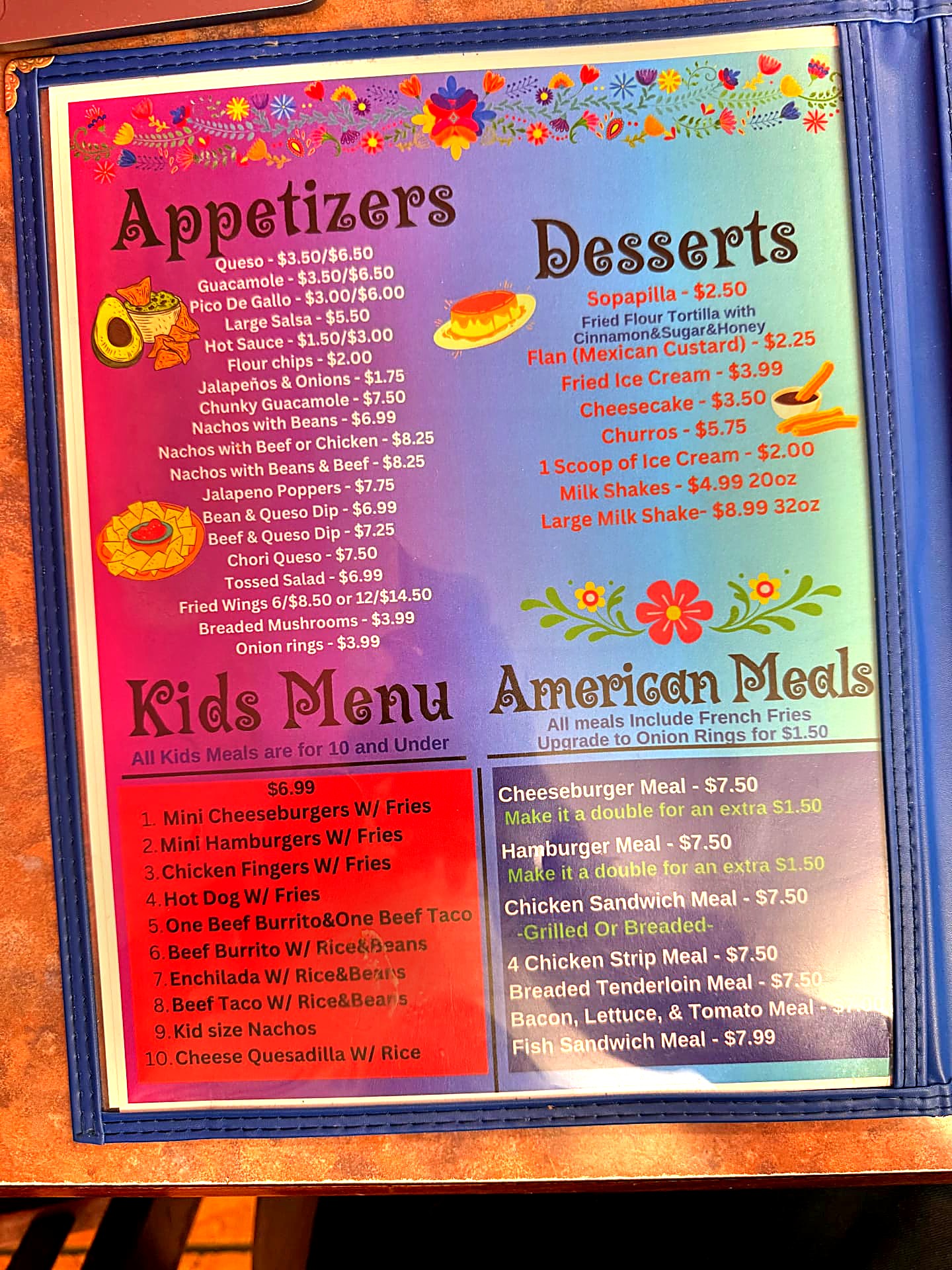 Appetizers, desserts, kids menu and American meals menu page