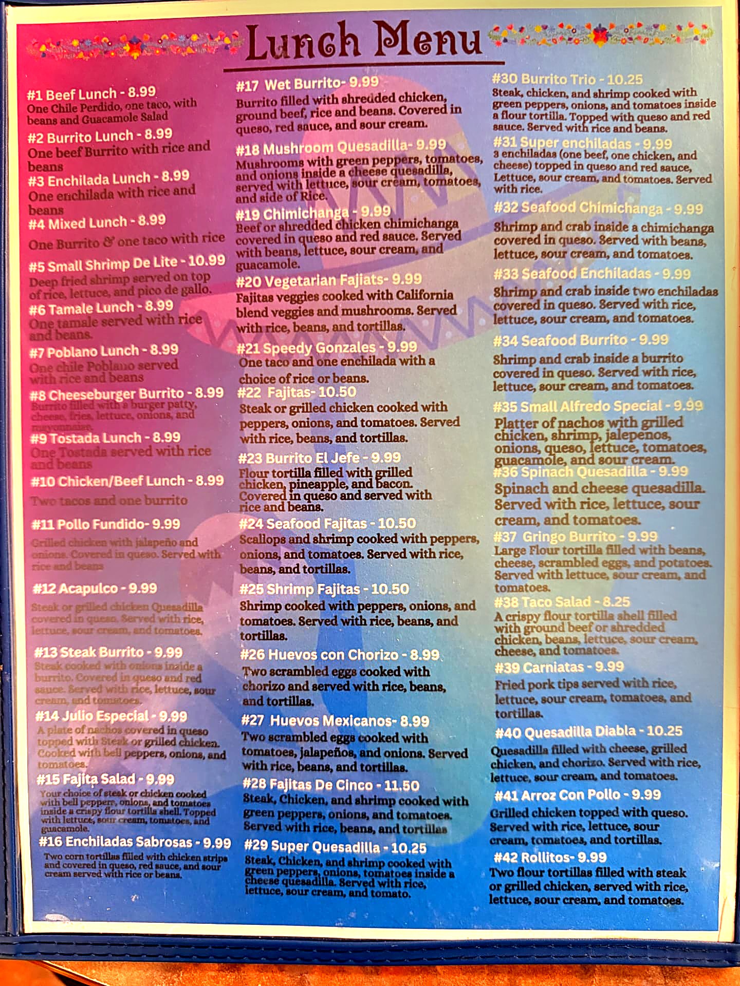 Cinco de Mayo lunch menu with numbered lunch specials and prices