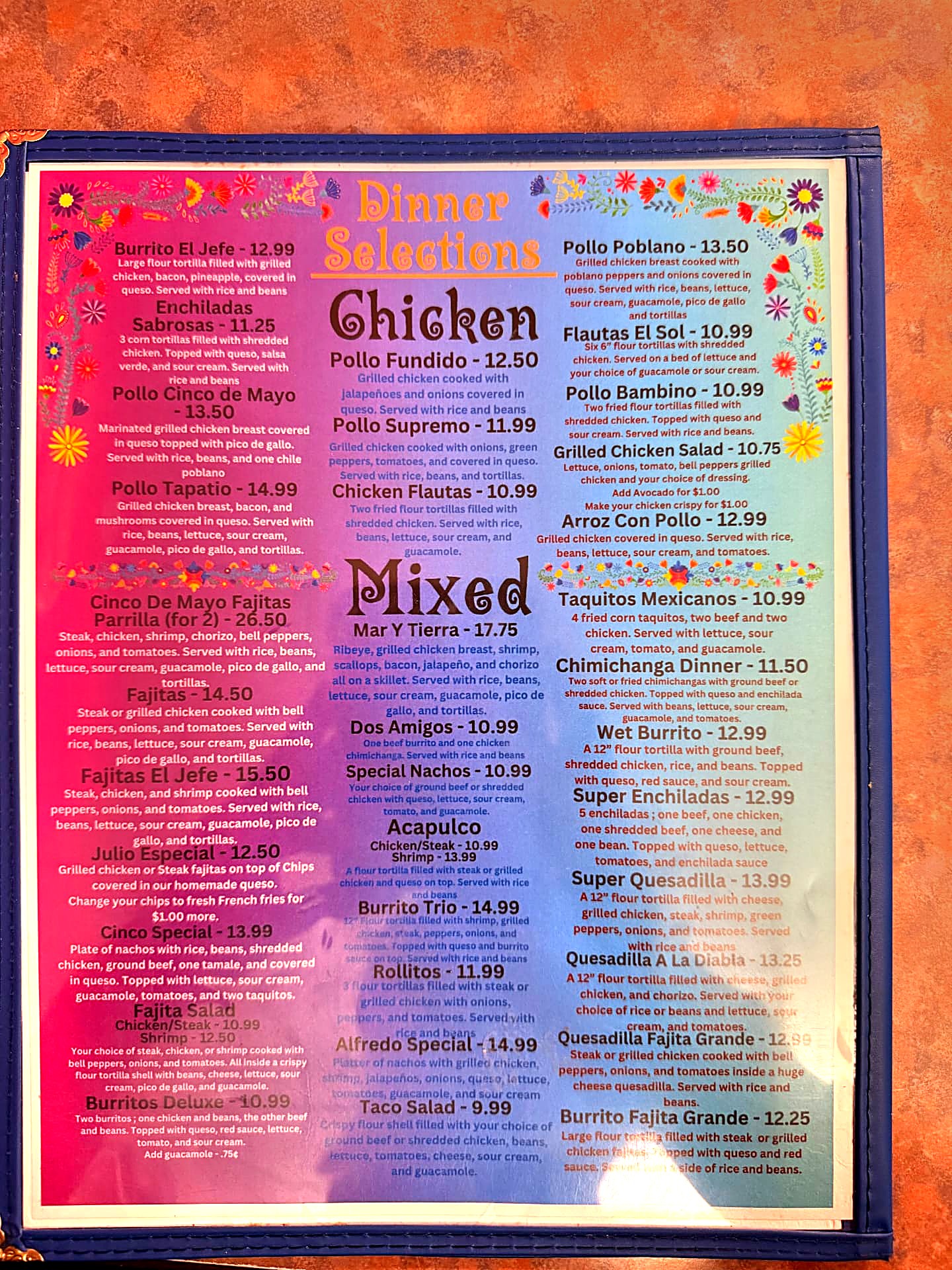 Dinner selections menu page featuring chicken and mixed platters