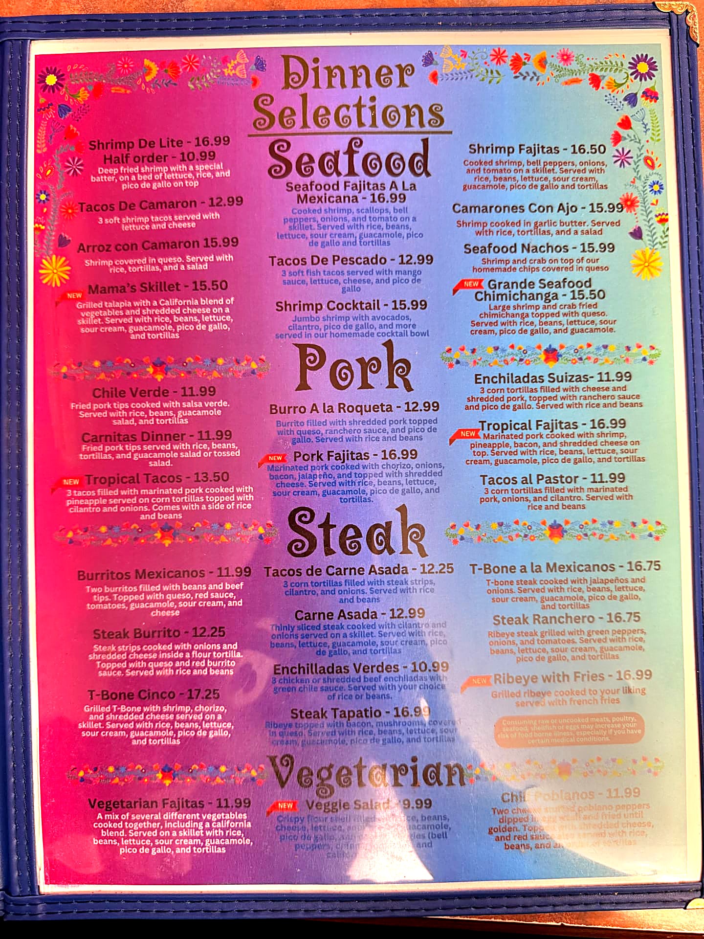 Dinner selections menu page featuring seafood, pork, steak and vegetarian dishes